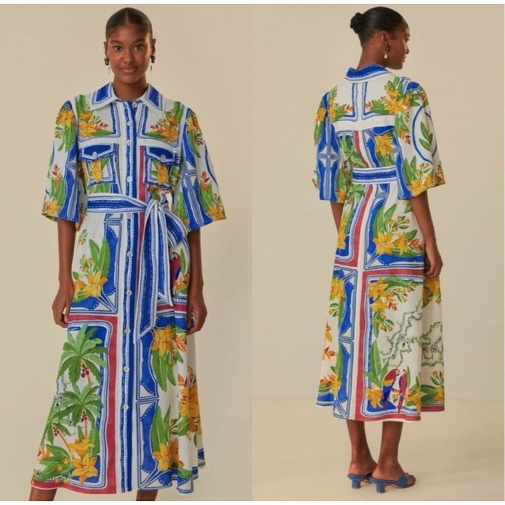 FARM Rio White Blue Tropical-Print Midi Shirtdress - Picture 3 of 7